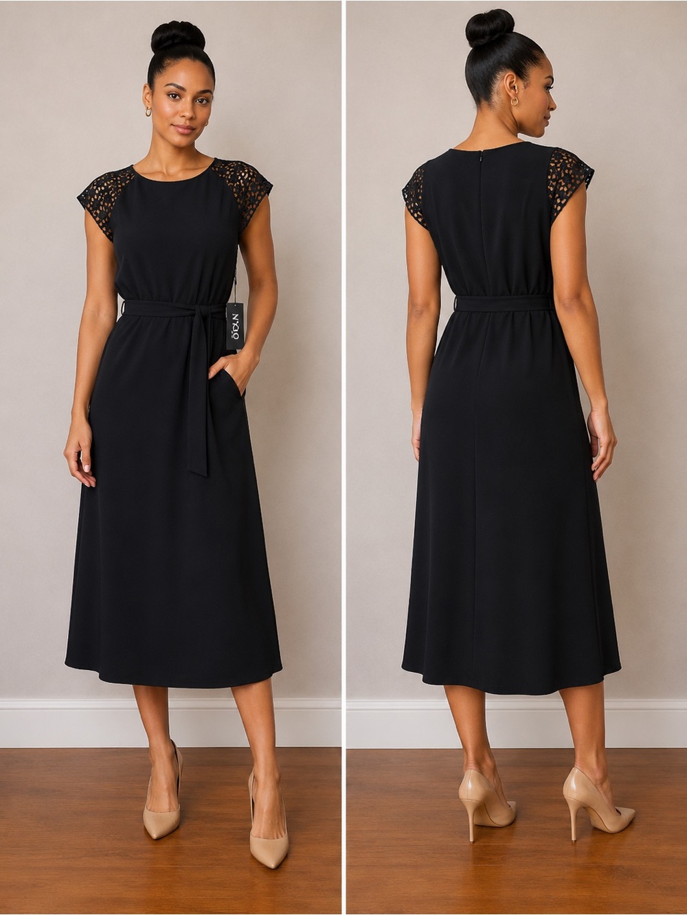 JSP Black Midi Shift Dress with Lace Cap Sleeves